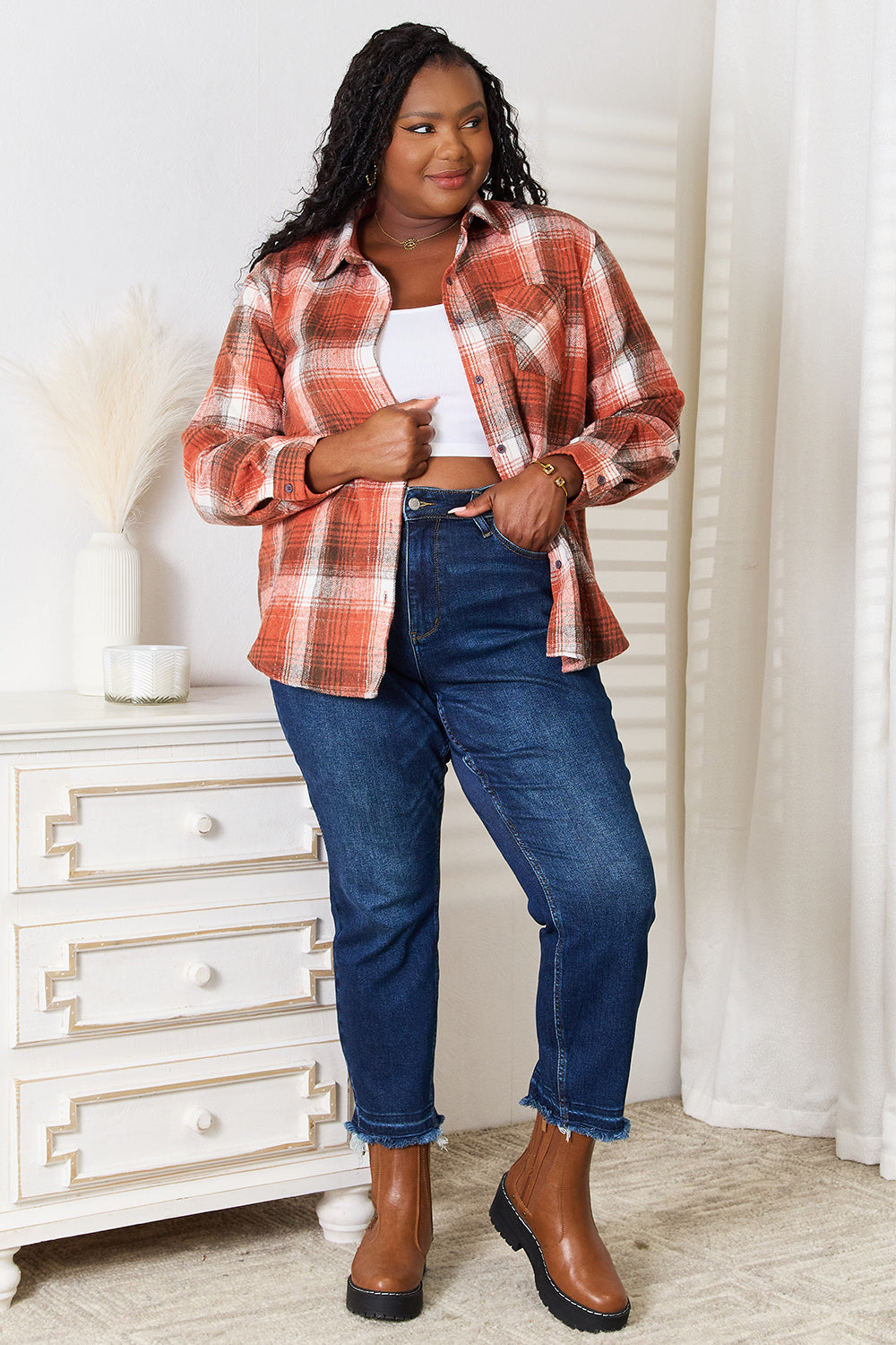 Plaid Collared Neck Long Sleeve Shirt - Shirts - FITGGINS