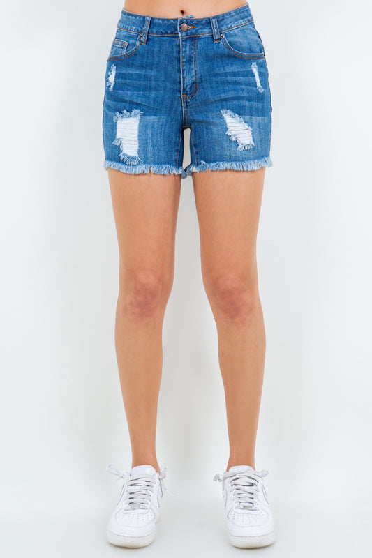 American Bazi High Waist Distressed Frayed Denim Shorts - Denim Shorts - FITGGINS