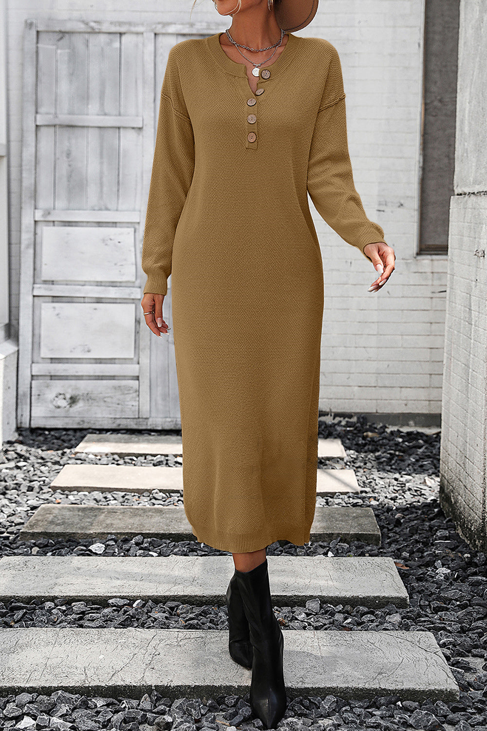 Decorative Button Notched Dropped Shoulder Sweater Dress - Sweater Dresses - FITGGINS