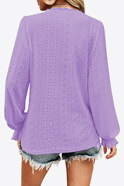Eyelet V-Neck Flounce Sleeve Blouse Fitggins