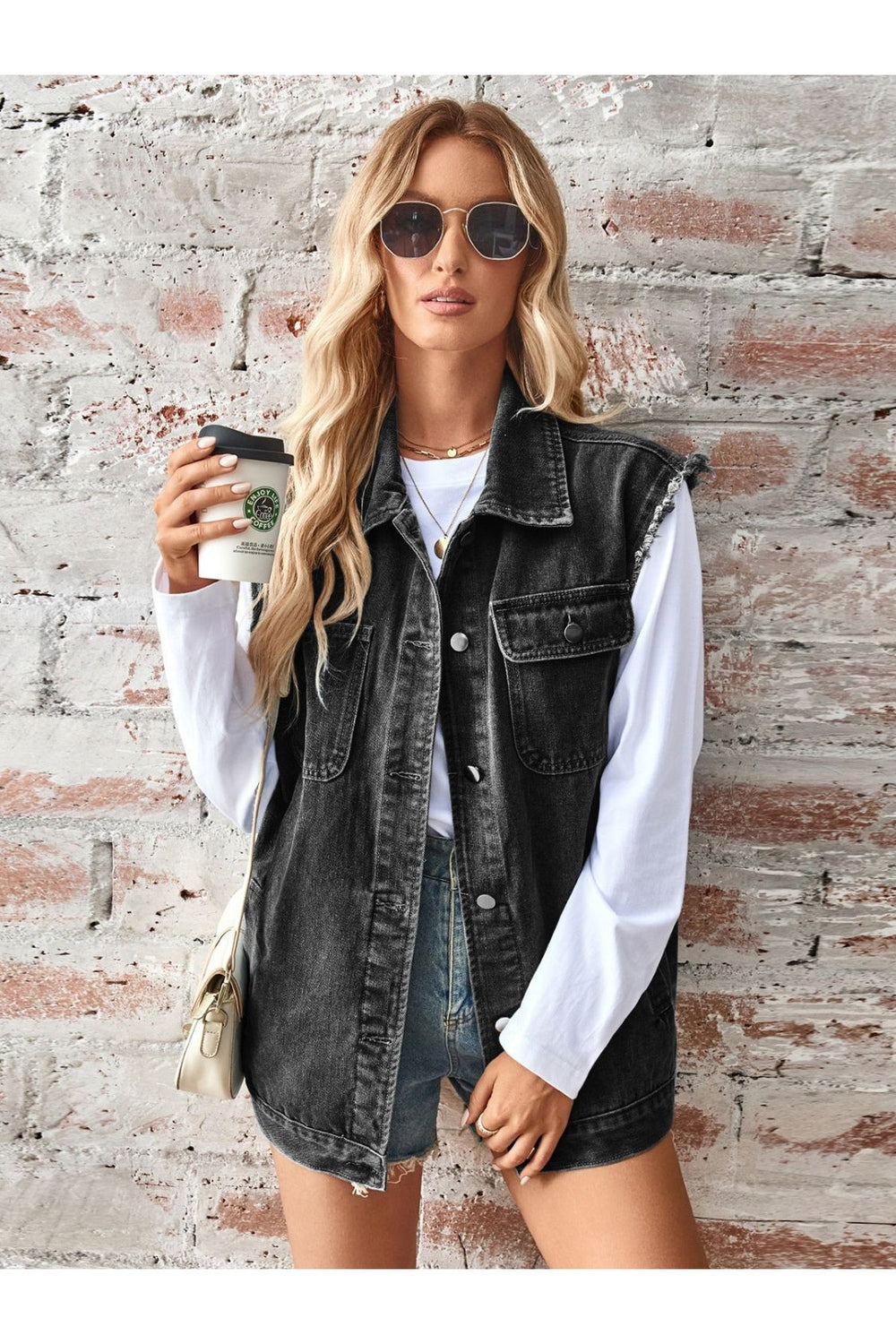 Raw Hem Sleeveless Button Up Denim Jacket - Denim Jackets - FITGGINS