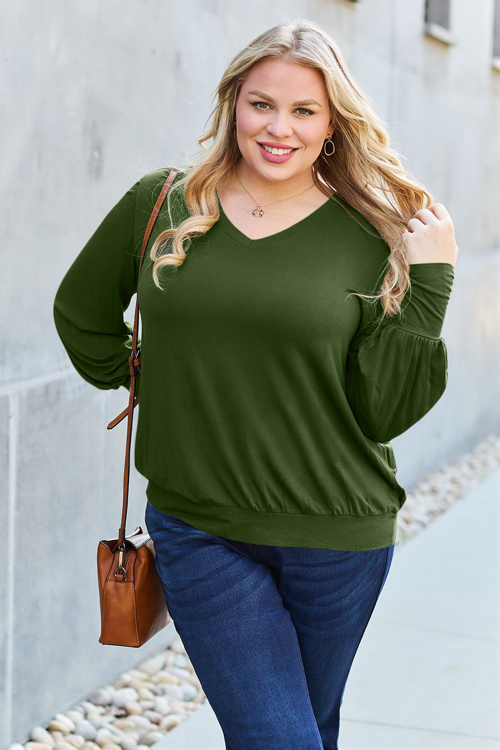 Basic Bae Full Size V-Neck Lantern Sleeve Top - T-Shirts - FITGGINS