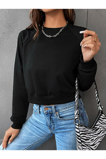 Perfee Raglan Sleeve Round Neck Cropped Sweatshirt - Sweatshirts & Hoodies - FITGGINS