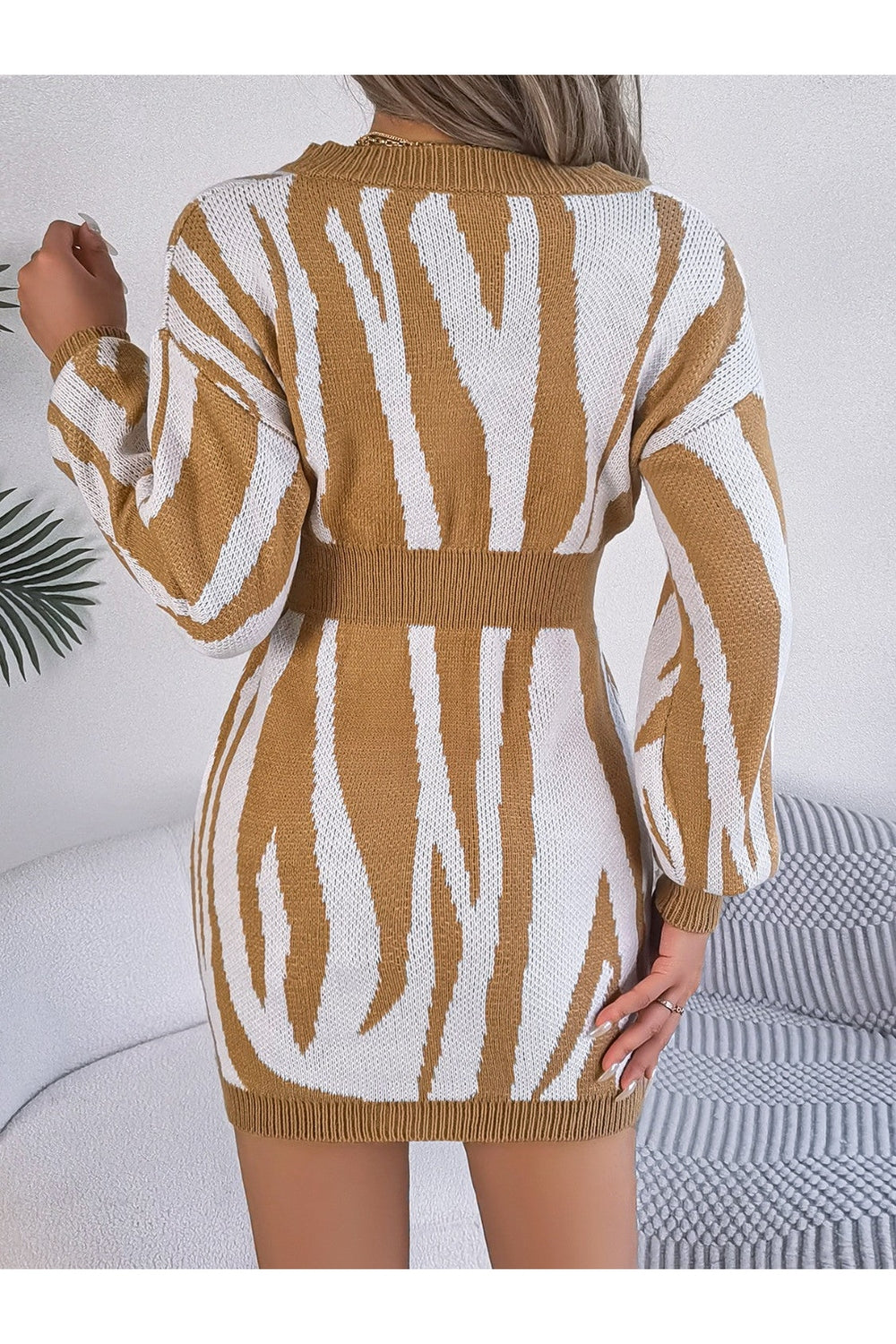 Animal Print V-Neck Long Sleeve Sweater Dress - Sweater Dresses - FITGGINS