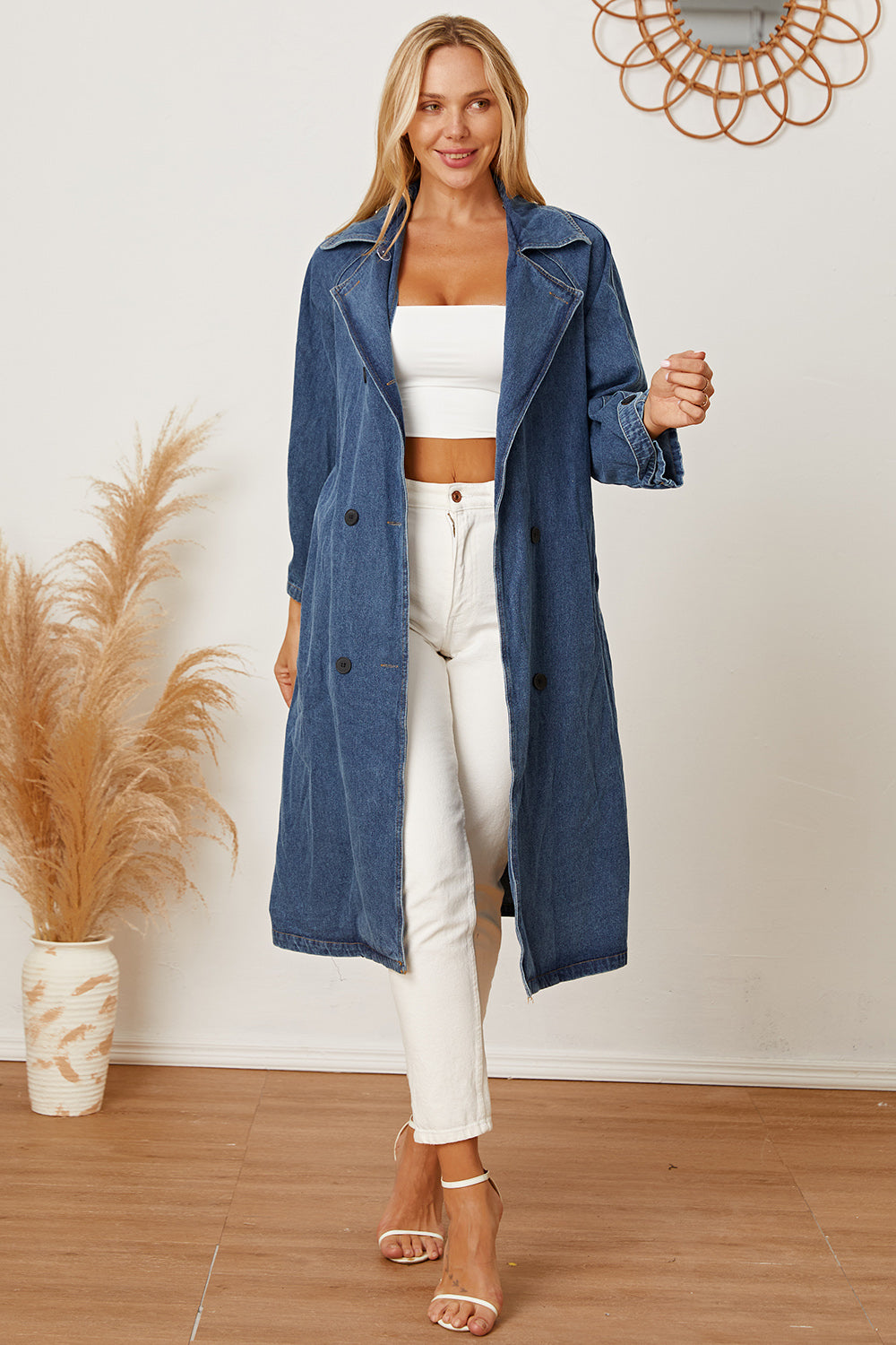 Double-Breasted Belted Longline Denim Jacket - Denim Jackets - FITGGINS