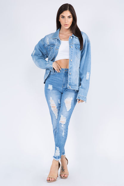 American Bazi Full Size Painted Back Distressed Denim Jacket - Denim Jackets - FITGGINS