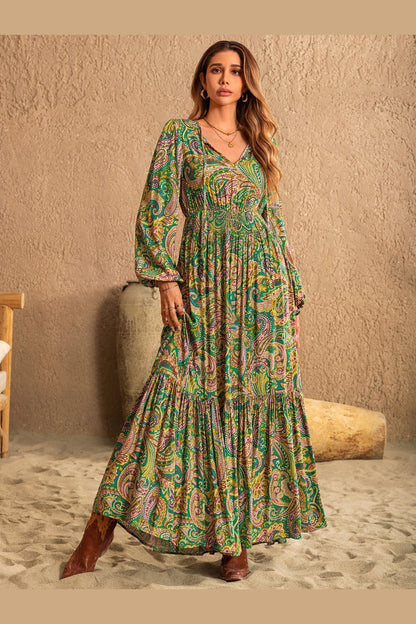 Printed Tie Neck Long Sleeve Dress - Casual & Maxi Dresses - FITGGINS