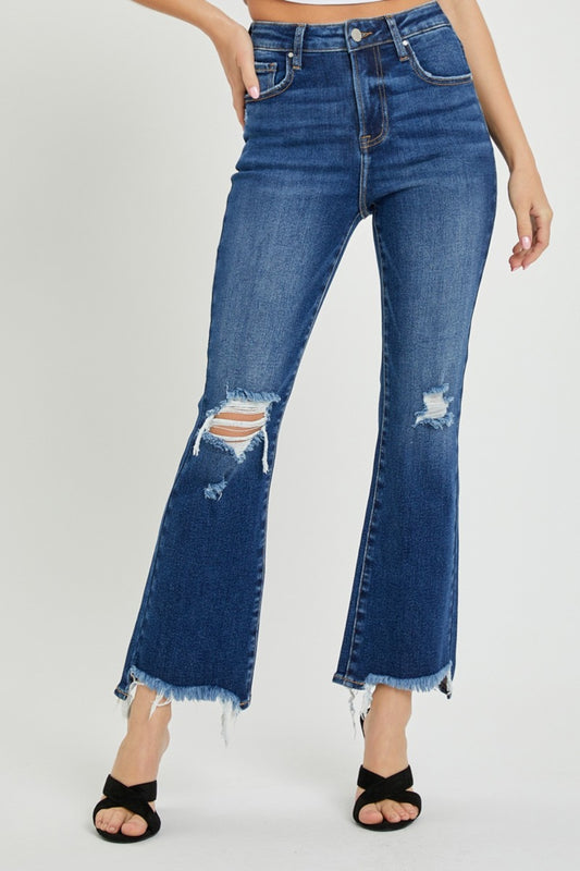 RISEN High Rise Distressed Crop Flare Jeans - Jeans - FITGGINS