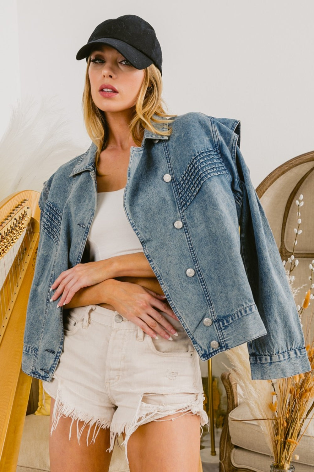 BiBi Button Up Long Sleeve Denim Jacket - Denim Jackets - FITGGINS