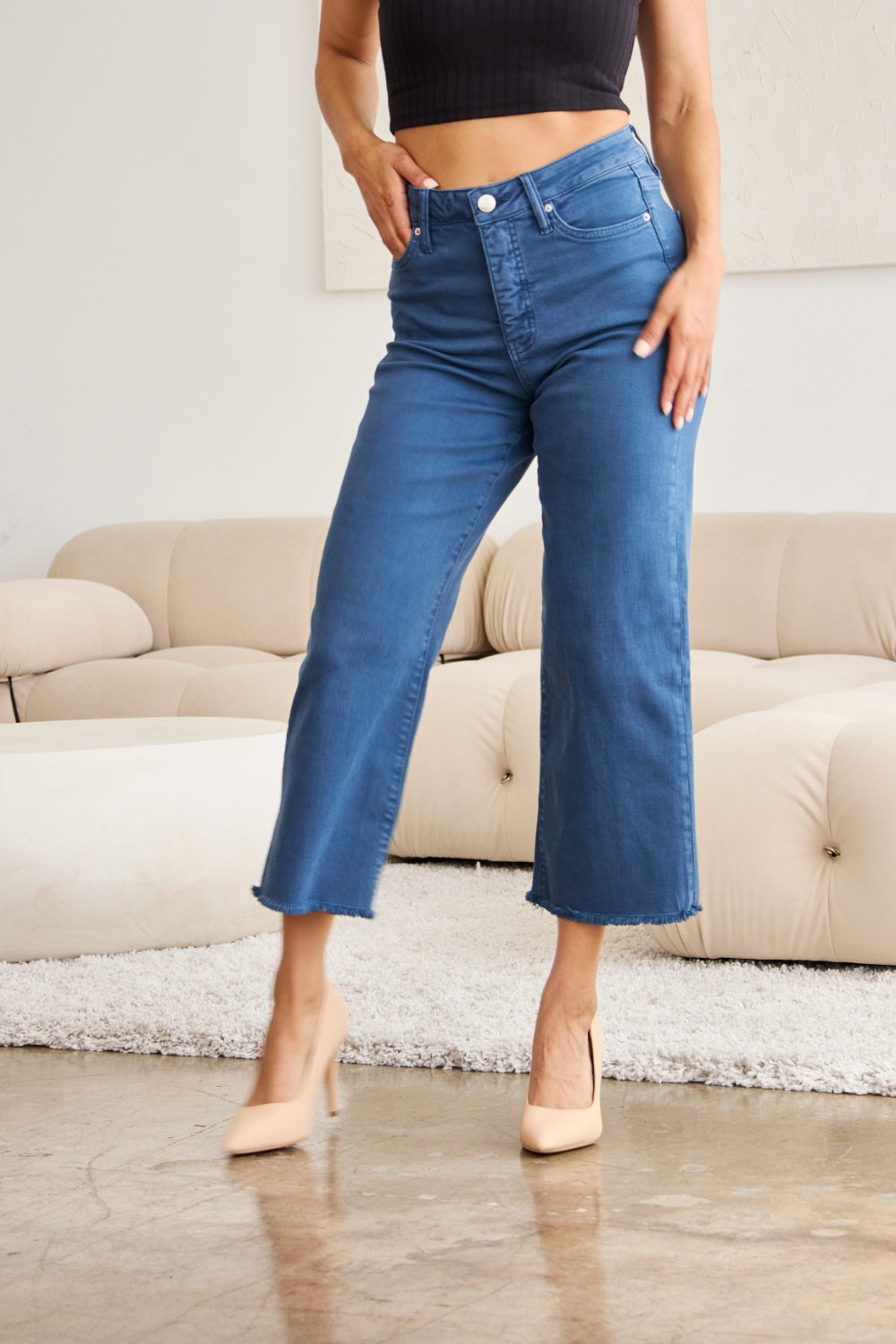 RFM Crop Chloe Full Size Tummy Control High Waist Raw Hem Jeans - Jeans - FITGGINS