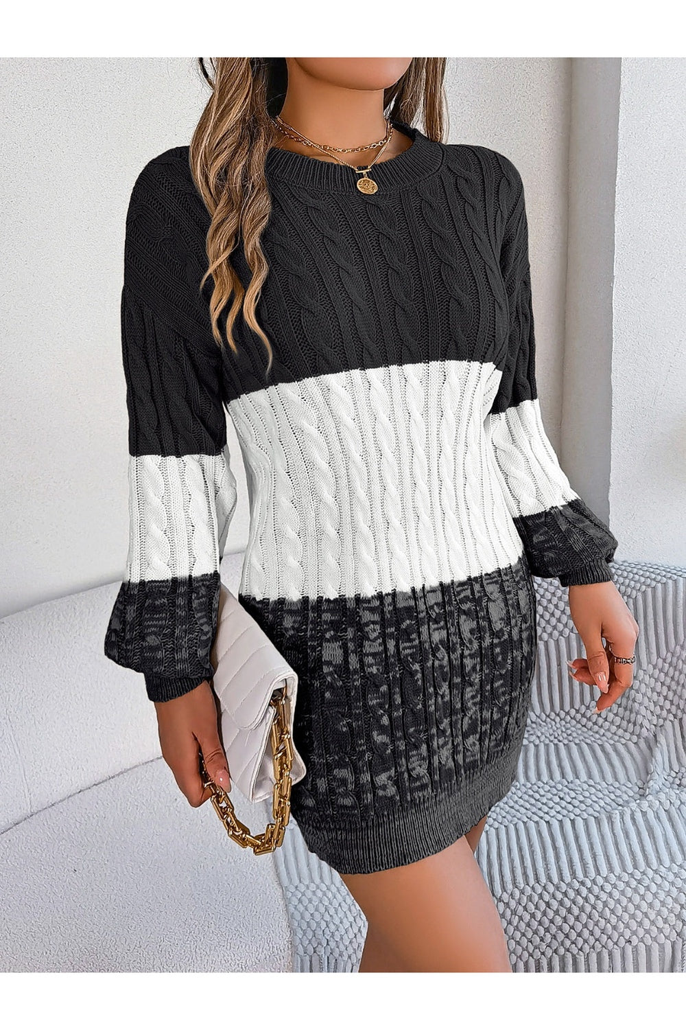 Cable-Knit Round Neck Color Block Sweater Dress - Sweater Dresses - FITGGINS