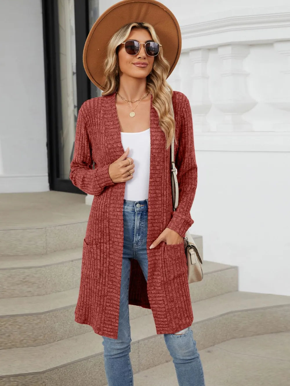 Open Front Long Sleeve Cardigan Burgundy Fitggins