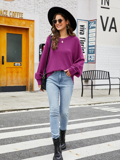 Round Neck Ribbed Trim Sweater Fitggins