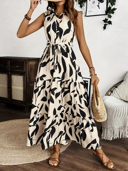 Printed Tie Waist Sleeveless Maxi Dress Fitggins