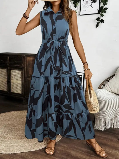 Printed Tie Waist Sleeveless Maxi Dress Dusty Blue Fitggins
