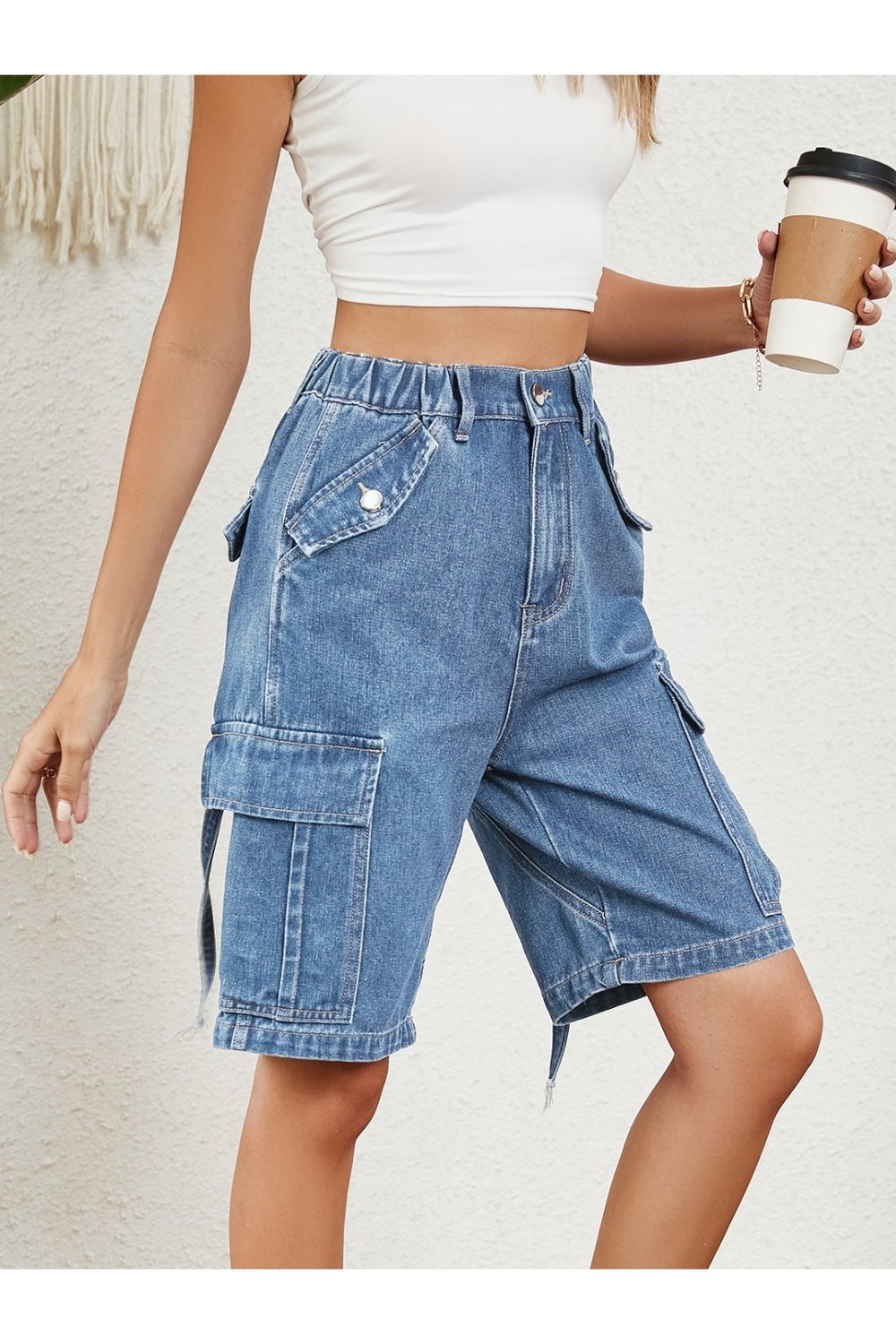 High Waist Denim Shorts with Pockets - Denim Shorts - FITGGINS