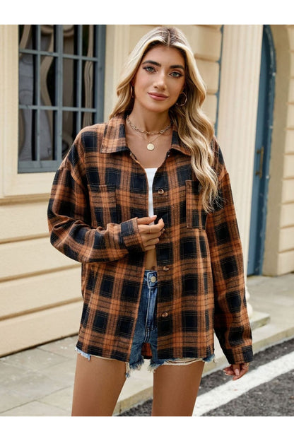 Plaid Collared Neck Long Sleeve Shirt - Shirts - FITGGINS