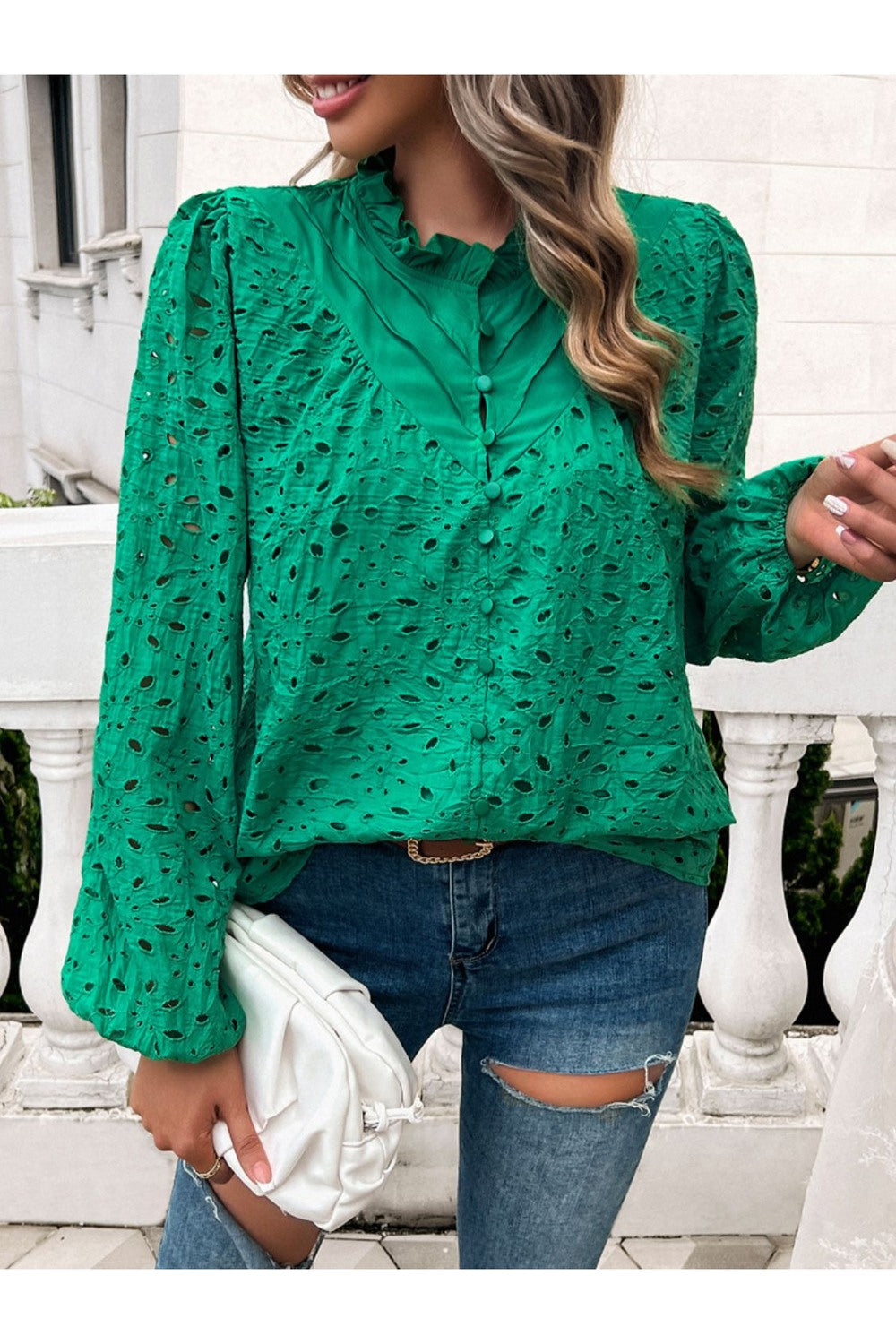 Devine Frill Long Sleeve Round Neck Shirt Fitggins