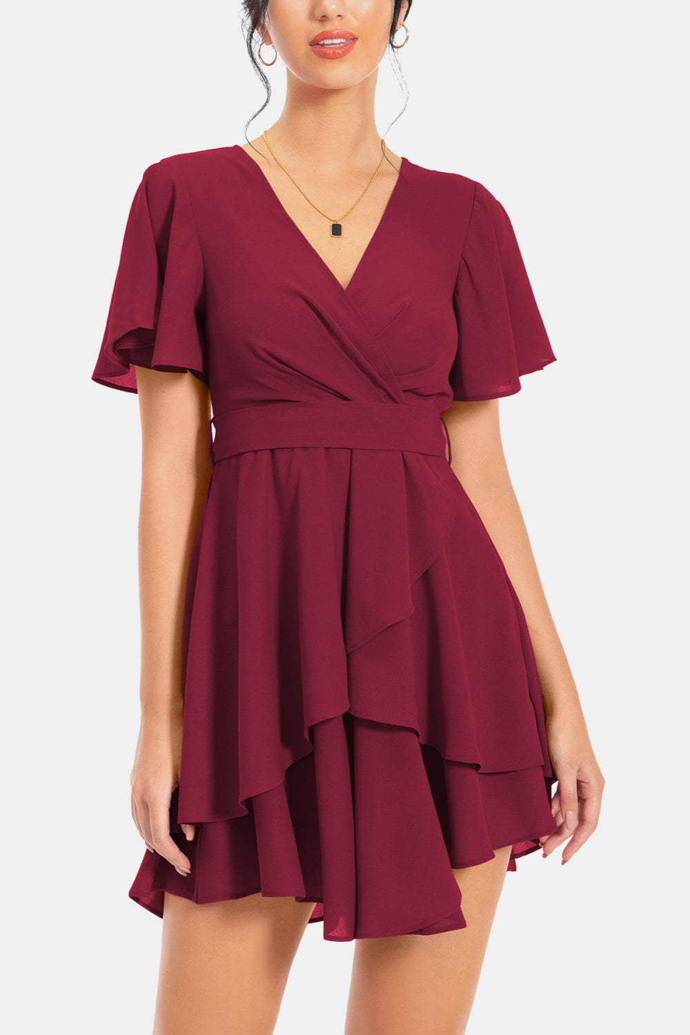 Surplice Neck Flutter Sleeve Dress - Casual & Maxi Dresses - FITGGINS