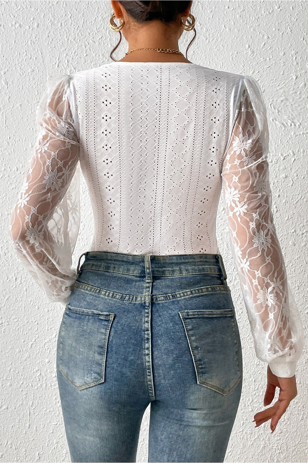 Eyelet Lace Long Sleeve Bodysuit - Bodysuit - FITGGINS