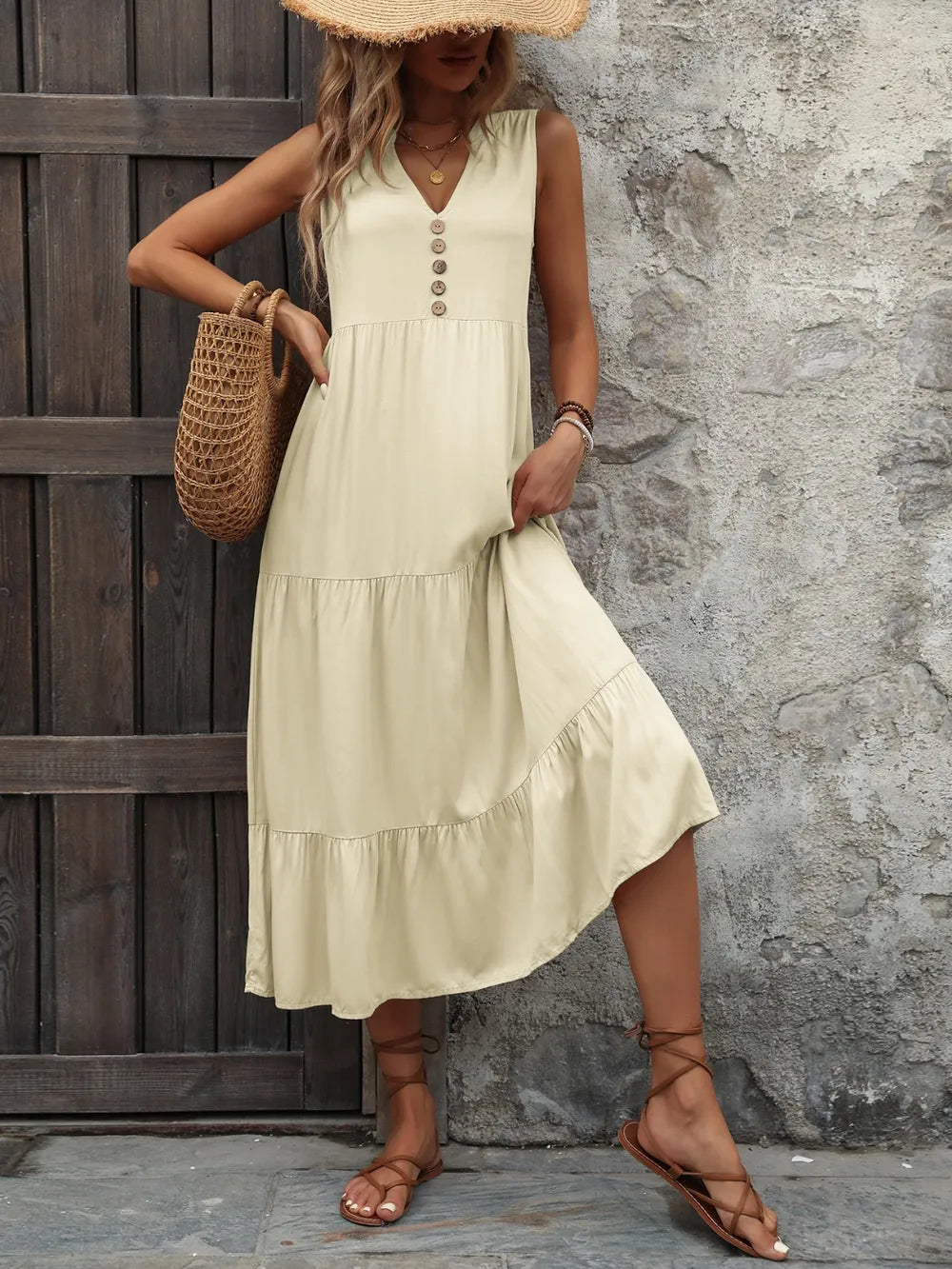 Ivy Lane Decorative Button Notched Sleeveless Dress Fitggins