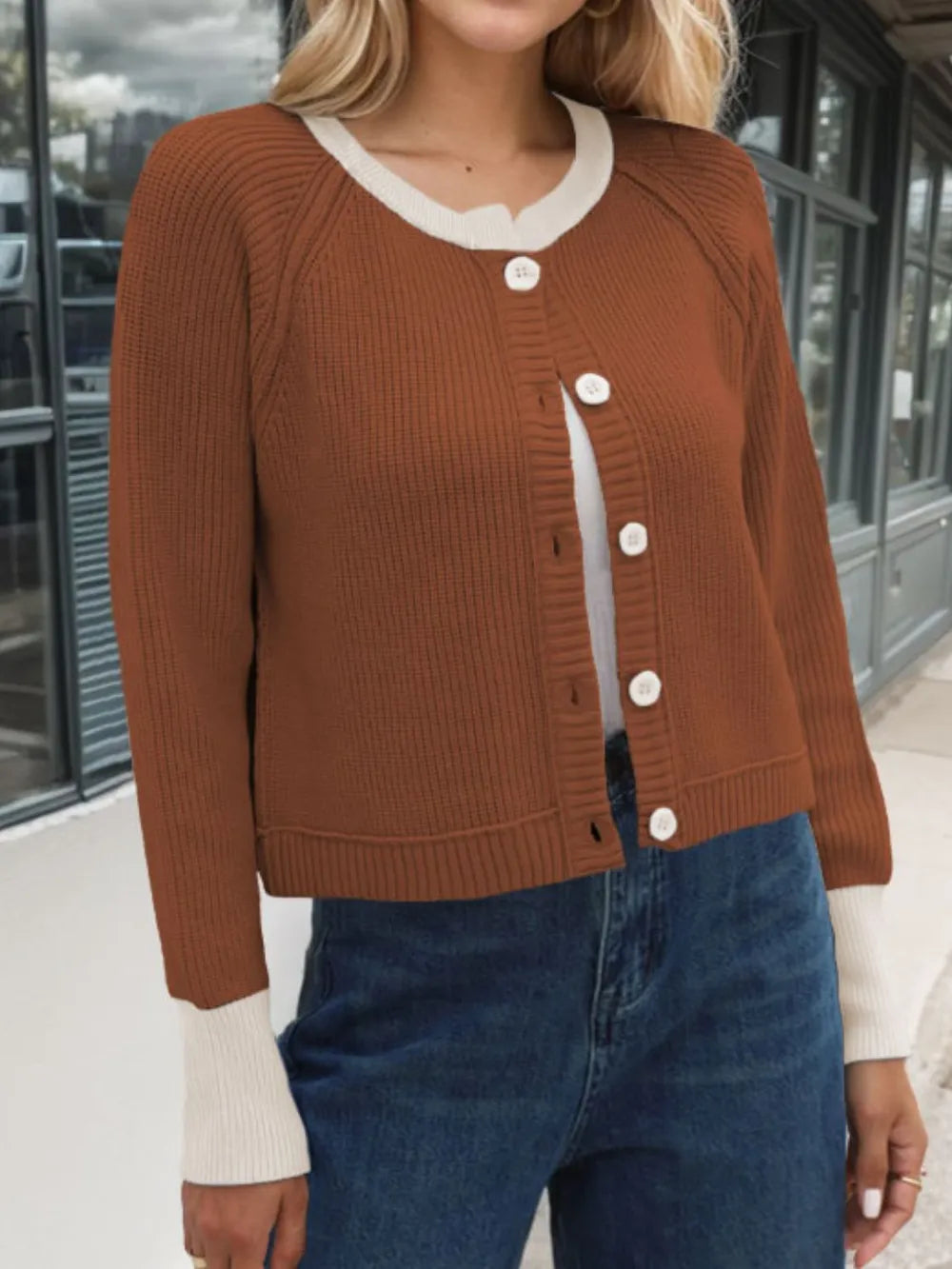 Contrast Button Up Long Sleeve Cardigan Brown Fitggins