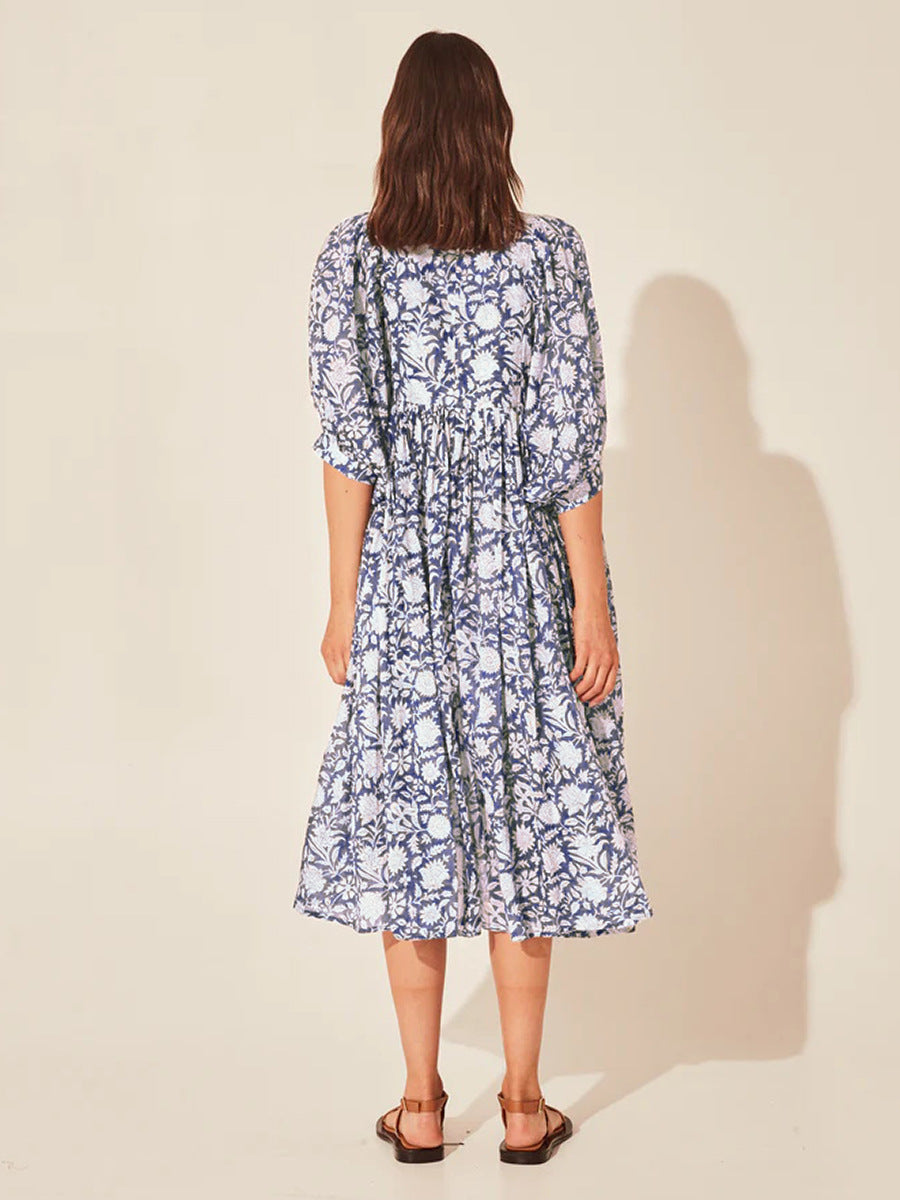 Floral Tie Neck Lantern Sleeve Dress Fitggins