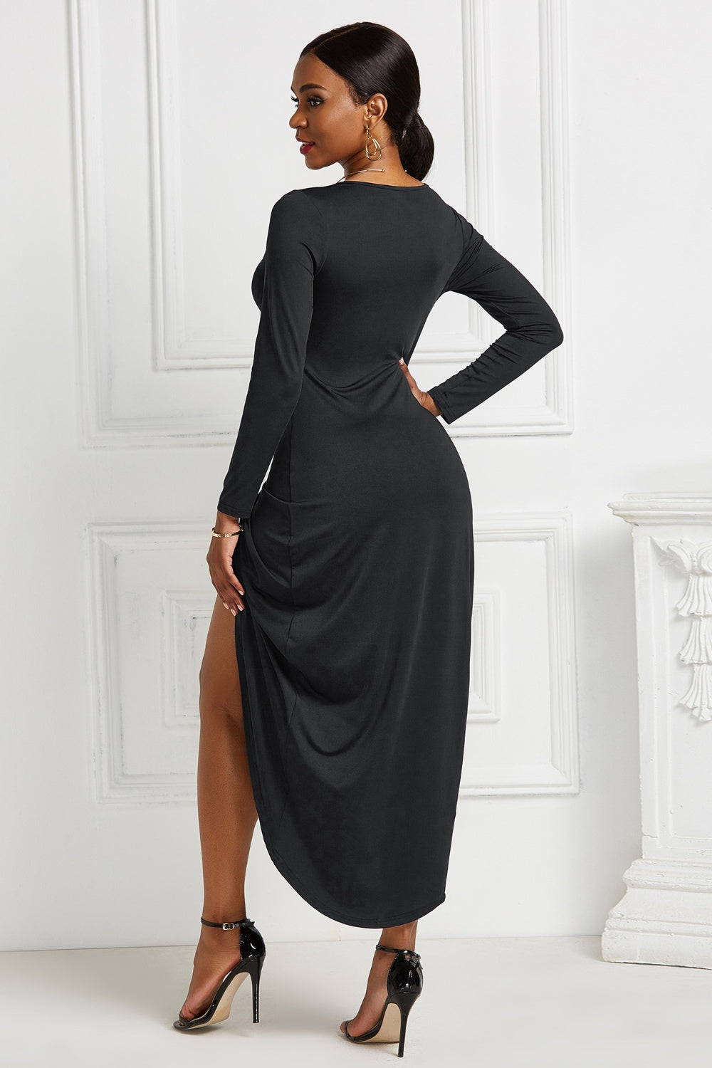 High-low Ruched Surplice Long Sleeve Dress - Cocktail Dresses - FITGGINS