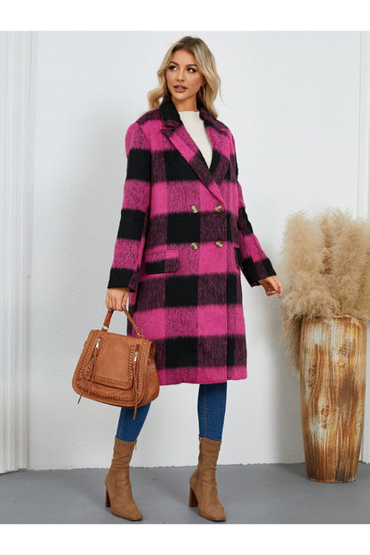 Plaid Double-Breasted Long Sleeve Coat - Jackets - FITGGINS