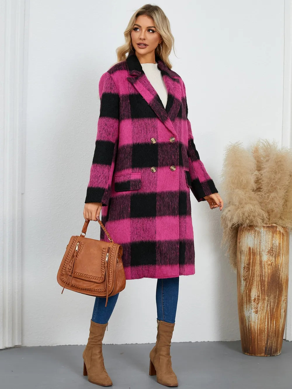 Plaid Double-Breasted Long Sleeve Coat Fitggins