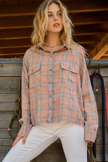 And The Why Full Size Plaid Button Up Raw Hem Shirt - Shirts - FITGGINS