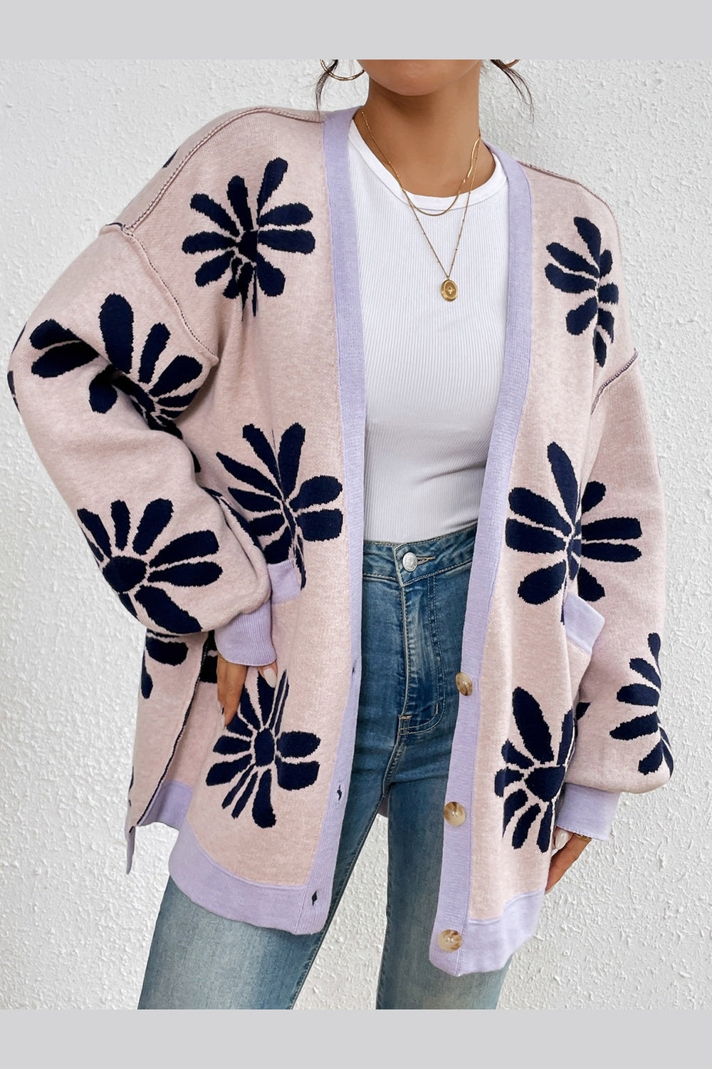 Contrast Dropped Shoulder Long Sleeve Cardigan - Cardigans - FITGGINS