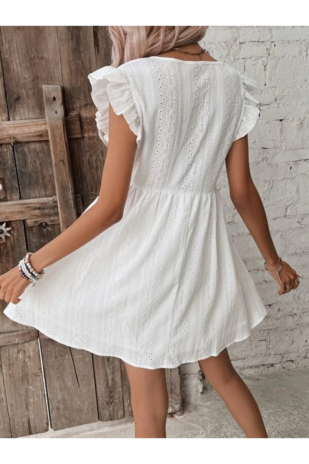 Eyelet Ruffled Cap Sleeve Mini Dress - Casual & Maxi Dresses - FITGGINS