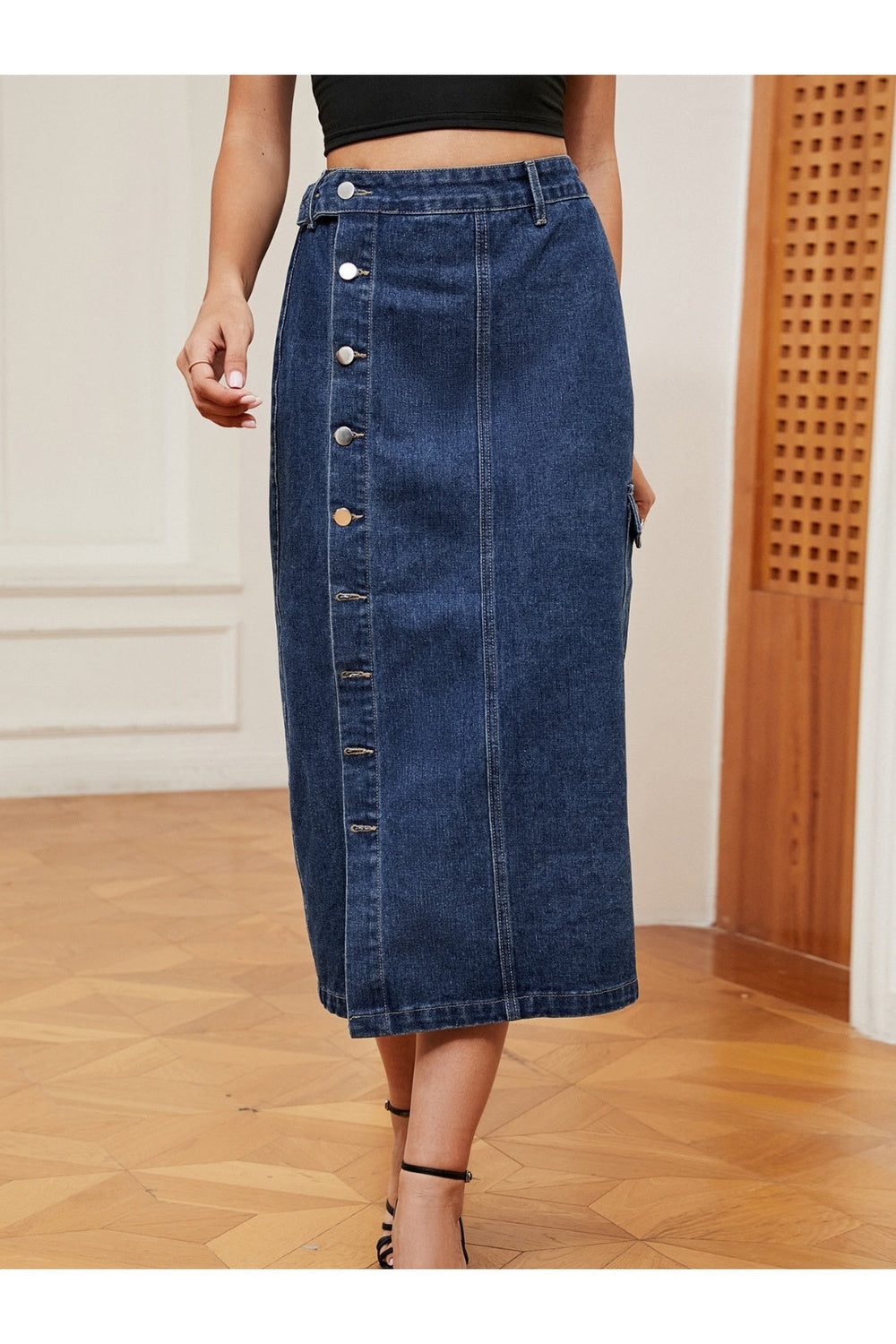 Button Down Midi Denim Skirt - Shirts - FITGGINS