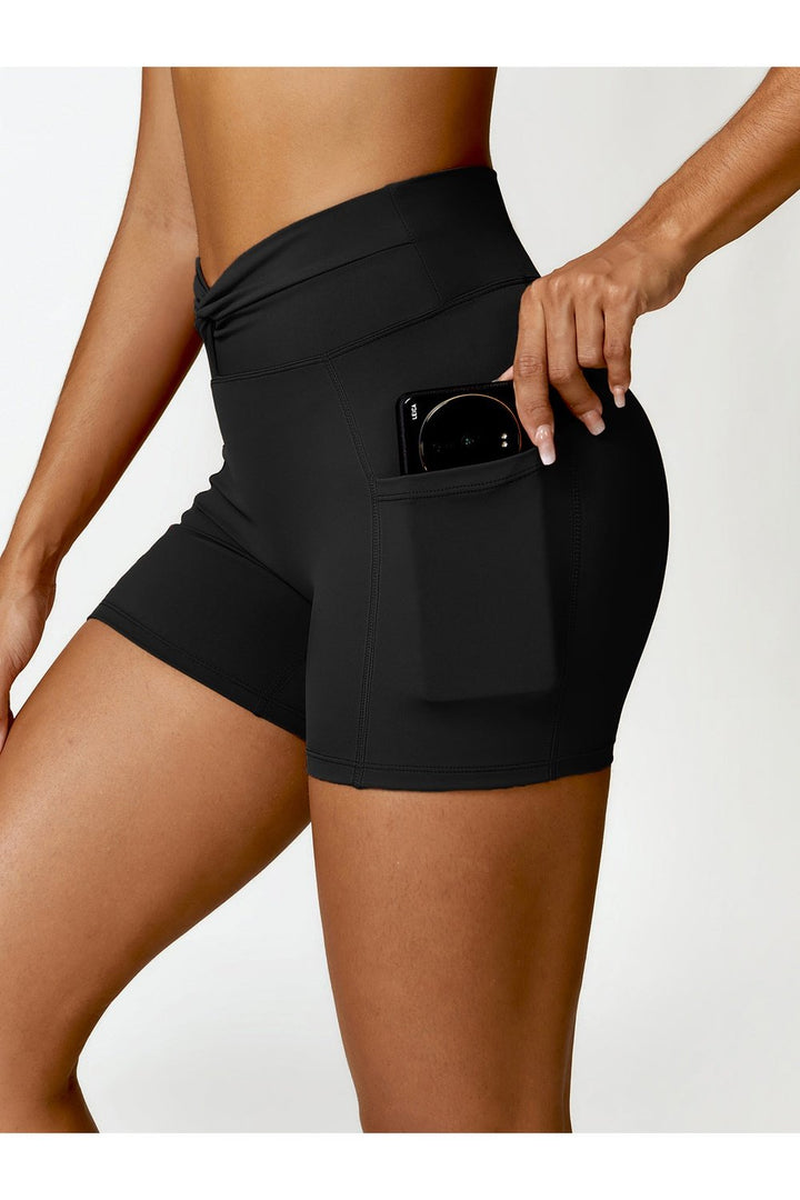 Twisted High Waist Active Shorts with Pockets - Short Leggings - FITGGINS