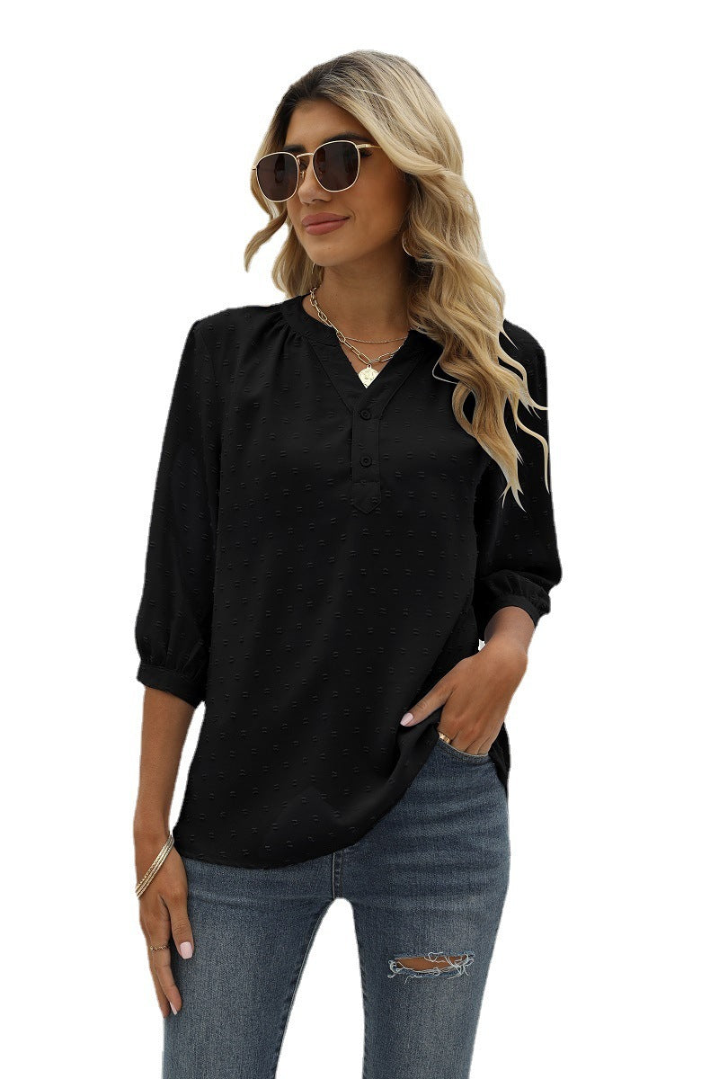 Swiss Dot Notched Neck Three-Quarter Sleeve Blouse Fitggins