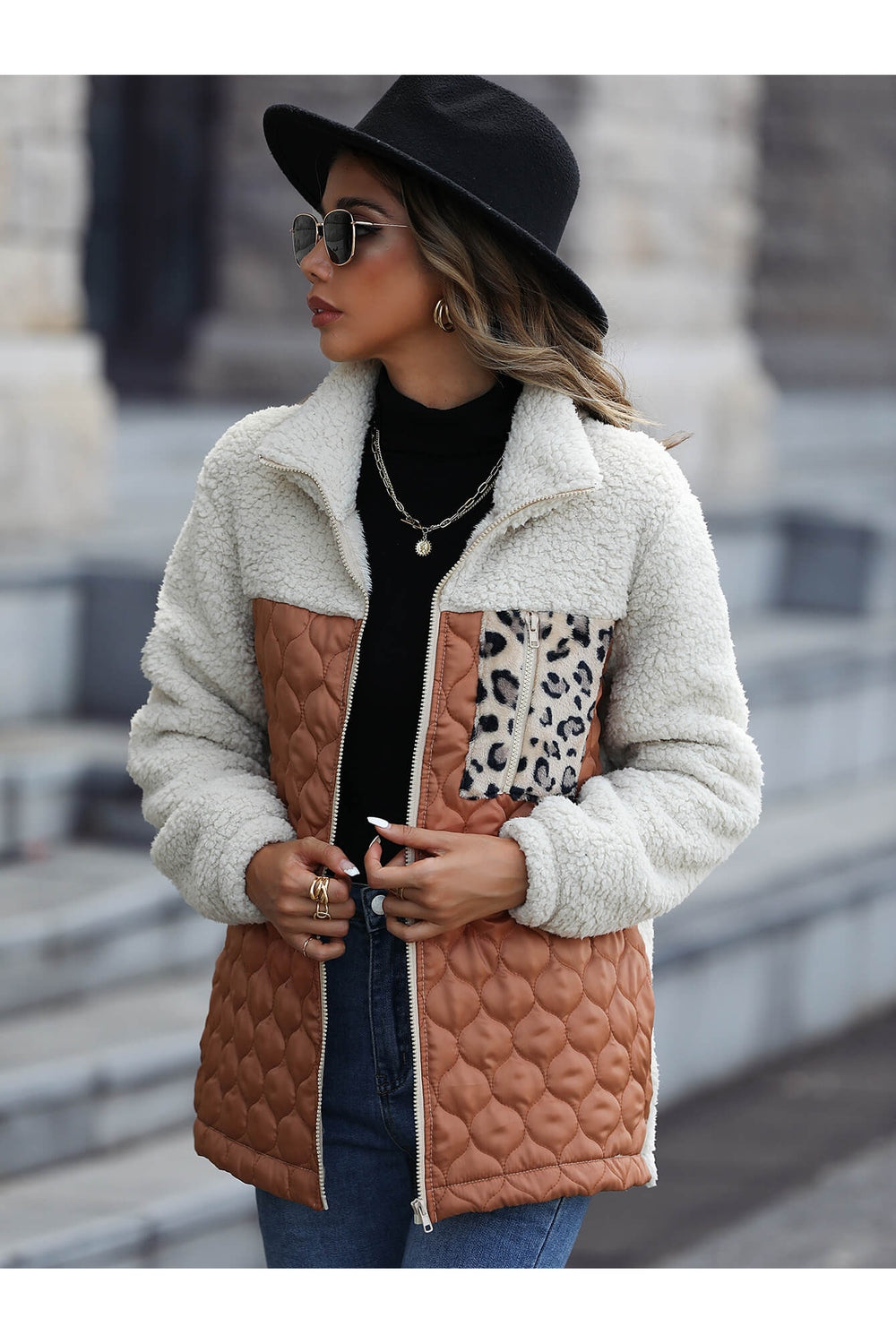 Leopard Color Block Zip Up Sherpa Jacket - Jackets - FITGGINS