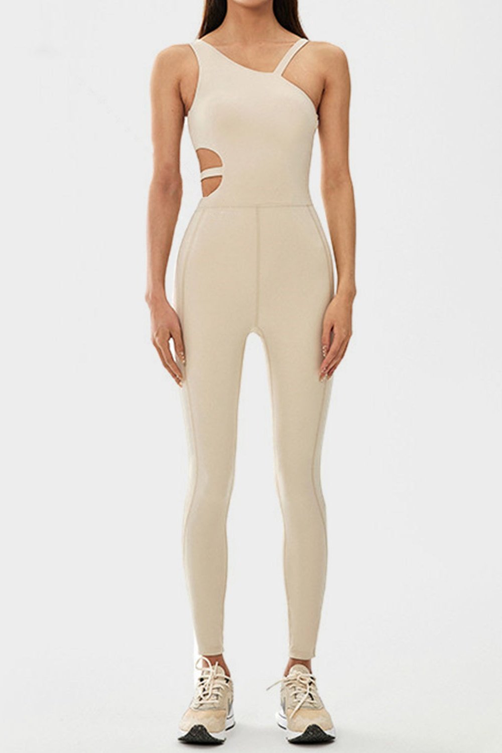 Cutout Asymmetrical Neck Active Jumpsuit - Active Set - FITGGINS