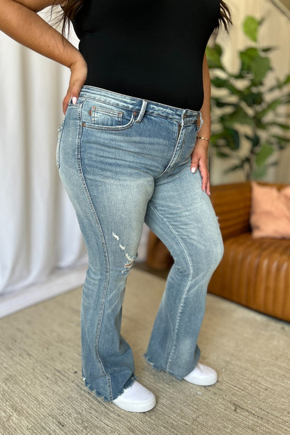 Judy Blue Full Size Medium Rise Tummy Control Destroy Flare - Jeans - FITGGINS