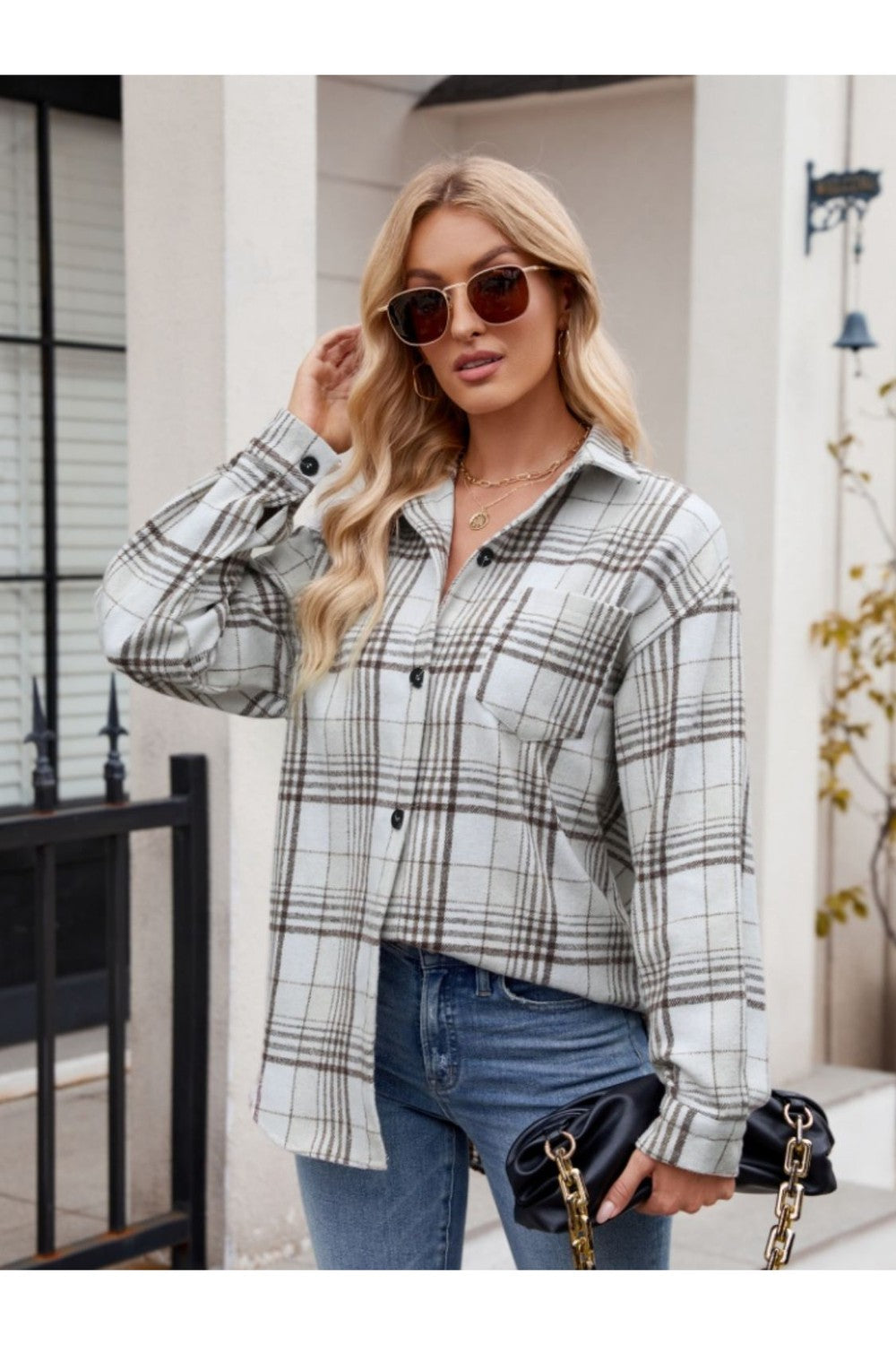 Mandy Pocketed Plaid Collared Neck Long Sleeve Shirt - Shirts - FITGGINS