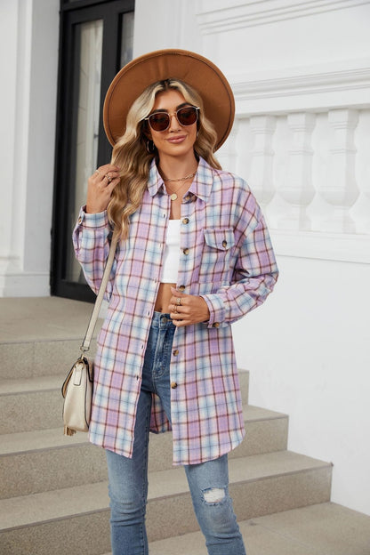 Plaid Collared Neck Long Sleeve Shirt - Shirts - FITGGINS