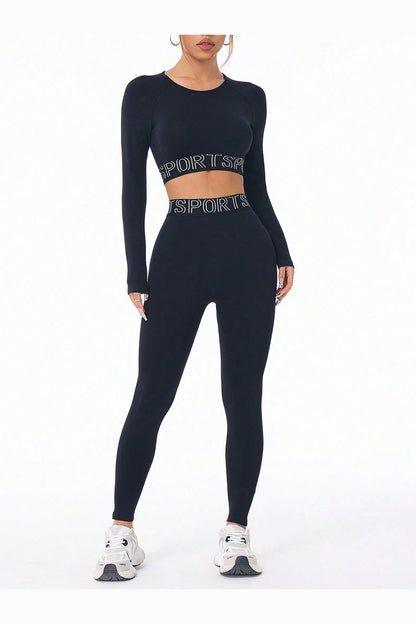 Letter Print Round Neck Long Sleeve Top and Leggings Active Set - Active Set - FITGGINS