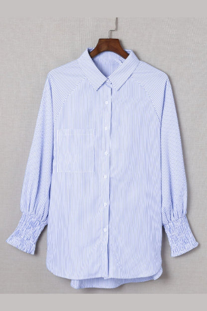 Striped Collared Neck Lantern Sleeve Shirt - Shirts - FITGGINS