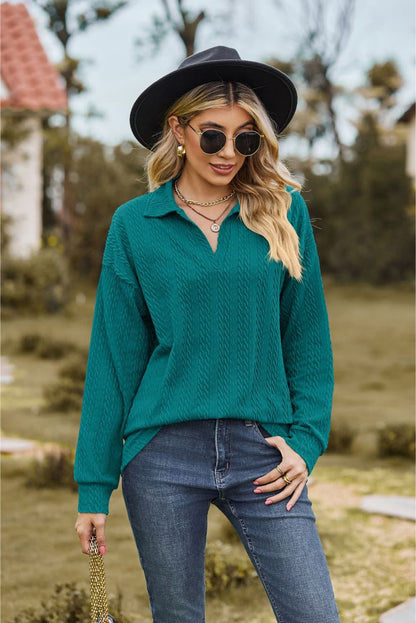 Collared Neck Cable-Knit Long Sleeve Blouse Turquoise Fitggins