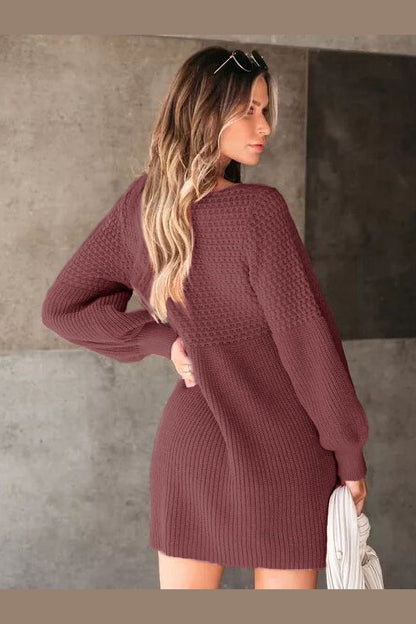 Perfee V-Neck Long Sleeve Sweater Dress - Sweater Dresses - FITGGINS