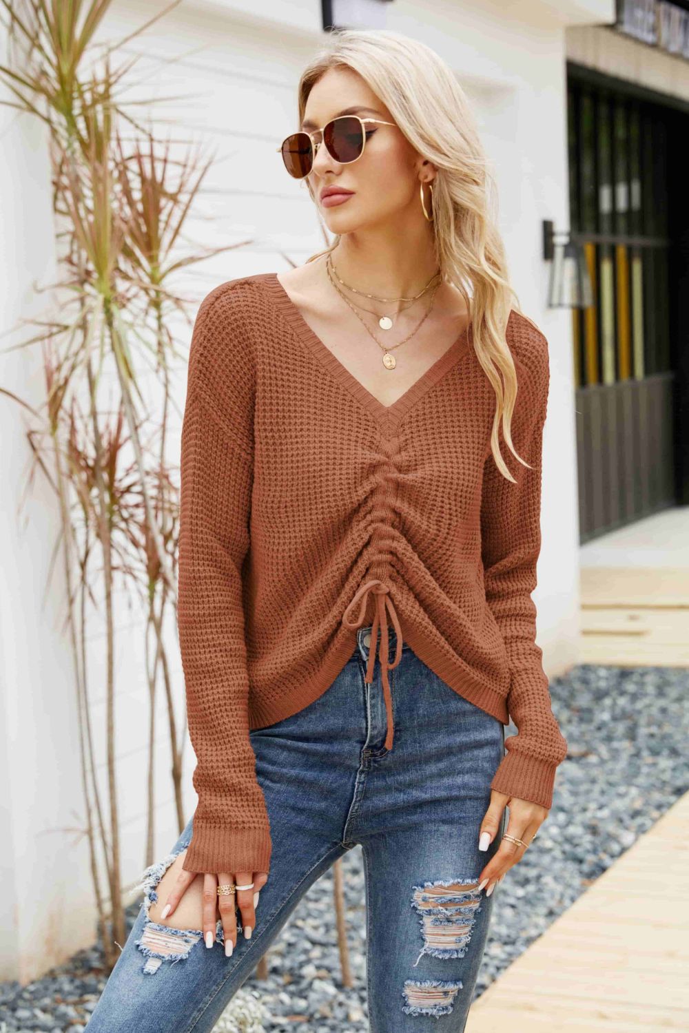 Waffle-Knit Drawstring Detail V-Neck Sweater Brown Fitggins