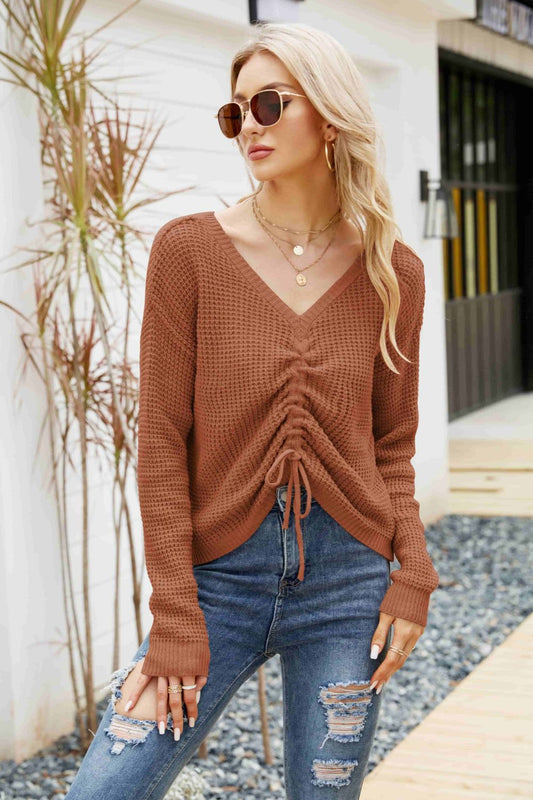 Waffle-Knit Drawstring Detail V-Neck Sweater Brown Fitggins