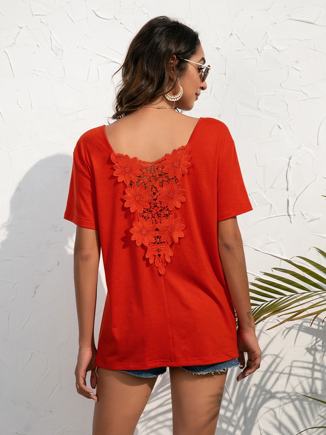 Ivy Lane Lace Trim Short Sleeve Top Red Orange Fitggins