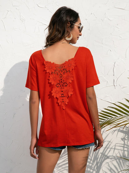 Ivy Lane Lace Trim Short Sleeve Top Red Orange Fitggins