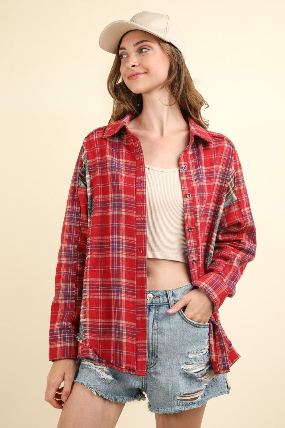 VERY J Contrast Plaid Raw Detail Shirt - Shirts - FITGGINS